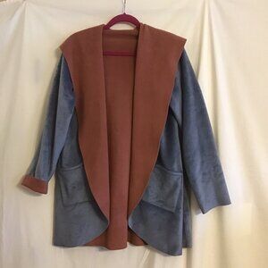 LOGO Lori Goldstein Rev Fleece Open Front Jacket w/Hood Dusty Blue/Copper MEDIUM